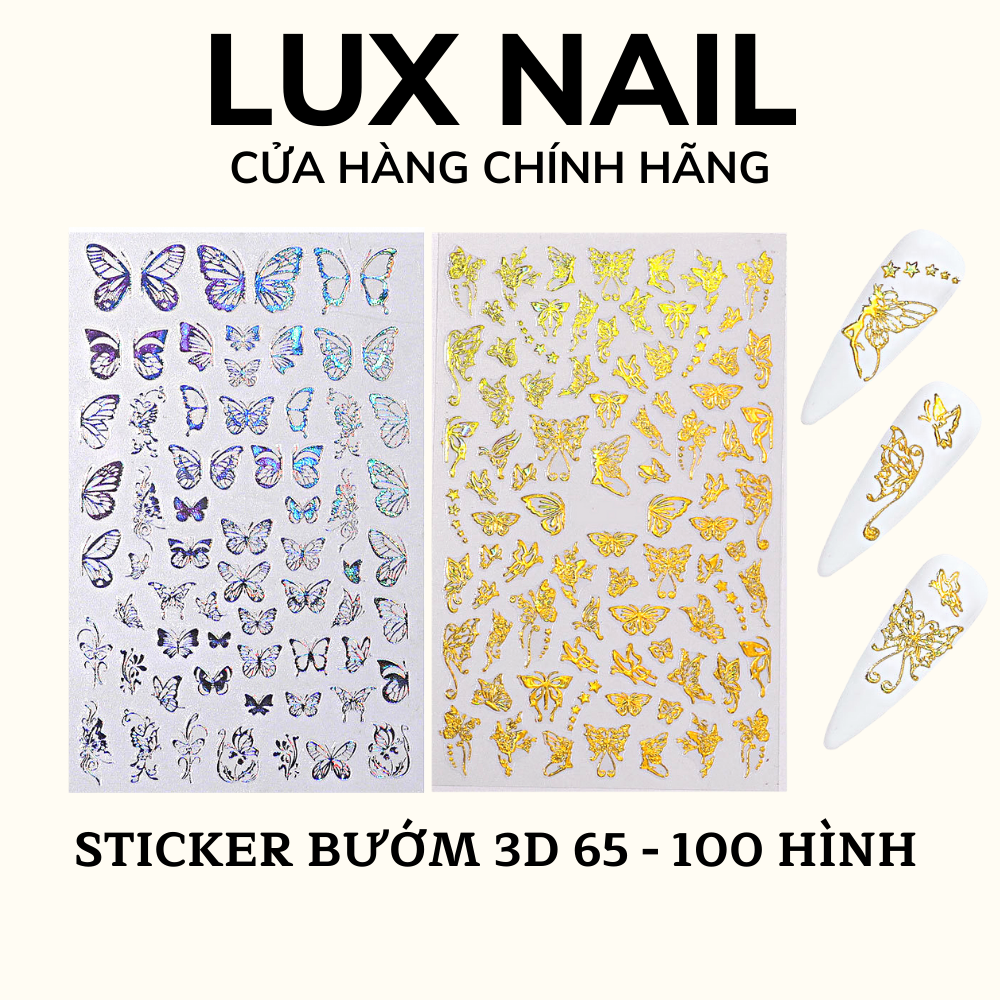 Sticker bướm nail 3D 60 đến 100 hình trên tấm, decal sticker dán móng bướm vàng bạc trang trí móng tay