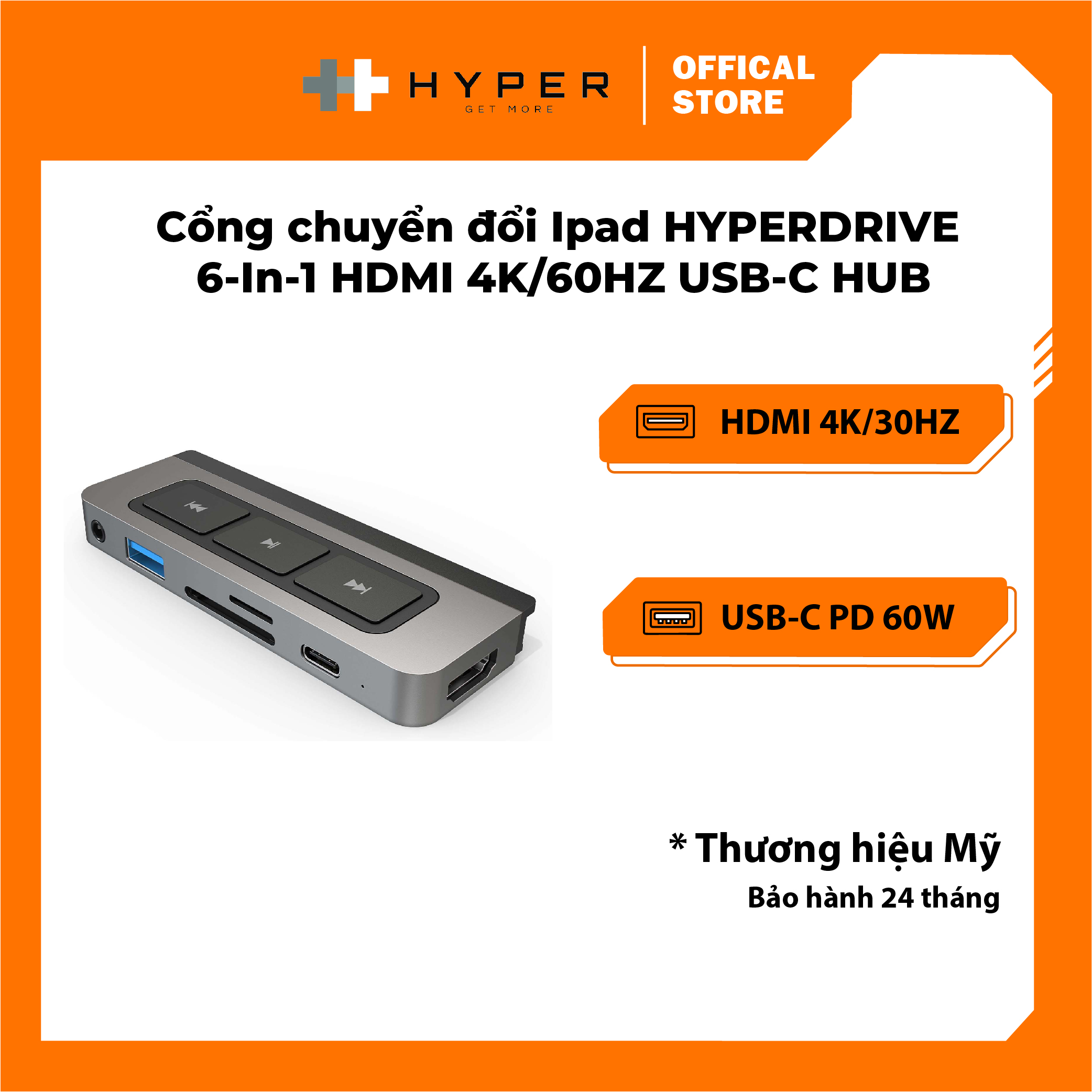 Cổng chuyển ipad đa phương diện hyperdrive media 6-in-1 hdmi 4k/60hz usb-c hub hd449