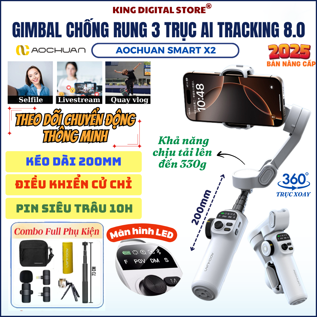  Gimbal AOCHUAN SMART X2 Gimball AI 5.0 Thông Minh Tay Cầm Chống Rung 3 Trục Điện Thoại Gymbal 360 Độ Gậy Chụp Ảnh 3 Chân Quay Theo Dõi Khuôn Mặt Điều Khiển Cử Chỉ Gậy Gimball AI Chính Hãng 
