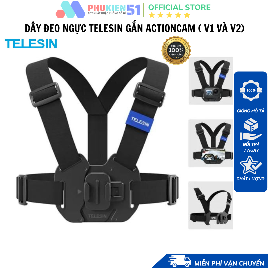 Dây đeo ngực TELESIN gắn camera hành động Gopro, Action cam- Hàng Chính Hãng