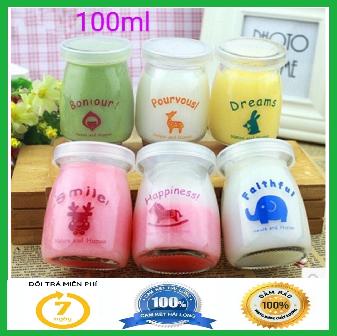 Bộ 12 lọ sữa chua thủy tinh 100ml in hình ngộ nghĩnh - Lọ làm sữa chua - Hũ sữa chua - Hũ làm sữa chua