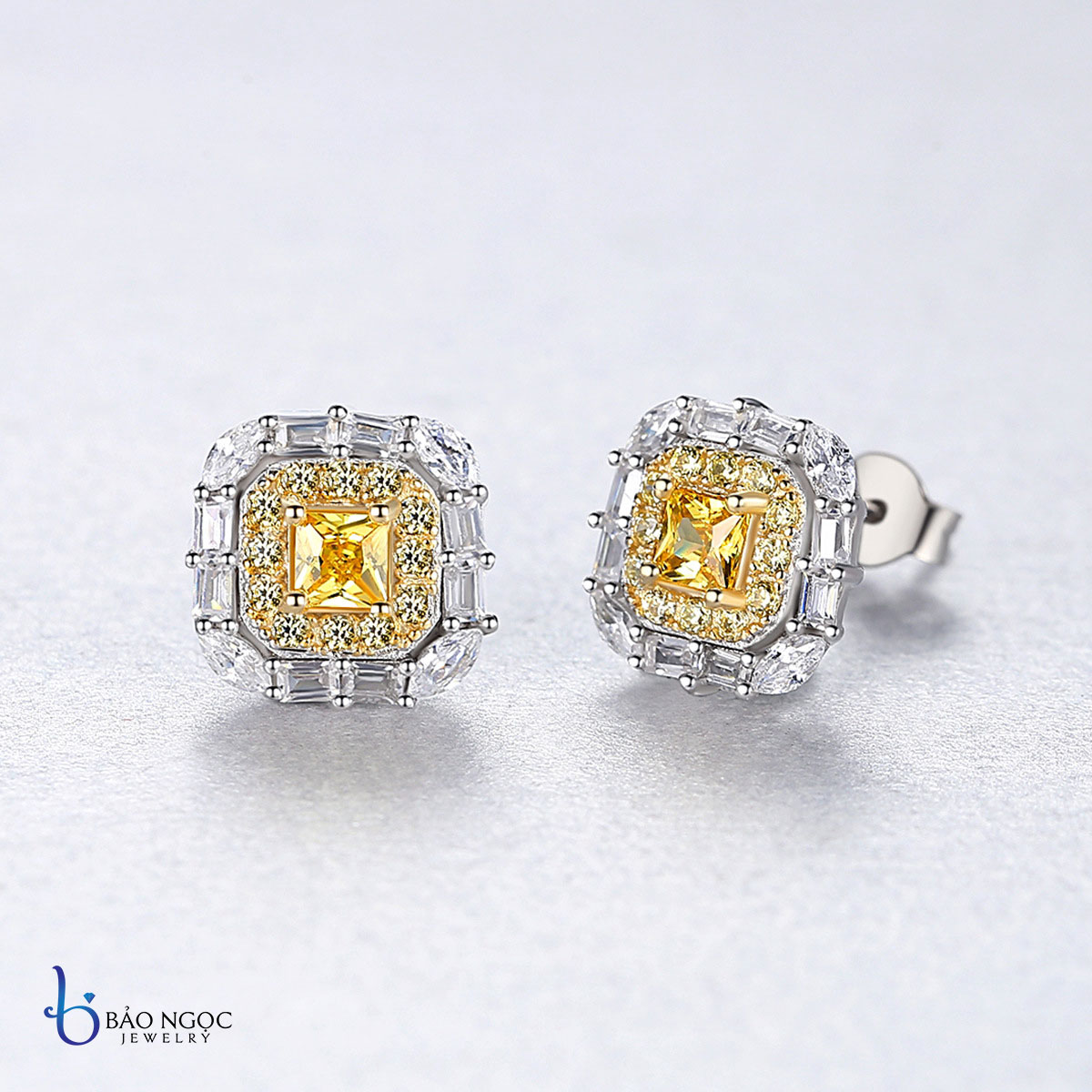 Khuyên Tai Bạc Kim Cương Nhân Tạo Moissanite Ánh Vàng, Bông Tai Nữ Xi Vàng Trắng Cao Cấp - B2788 - Bảo Ngọc Jewelry