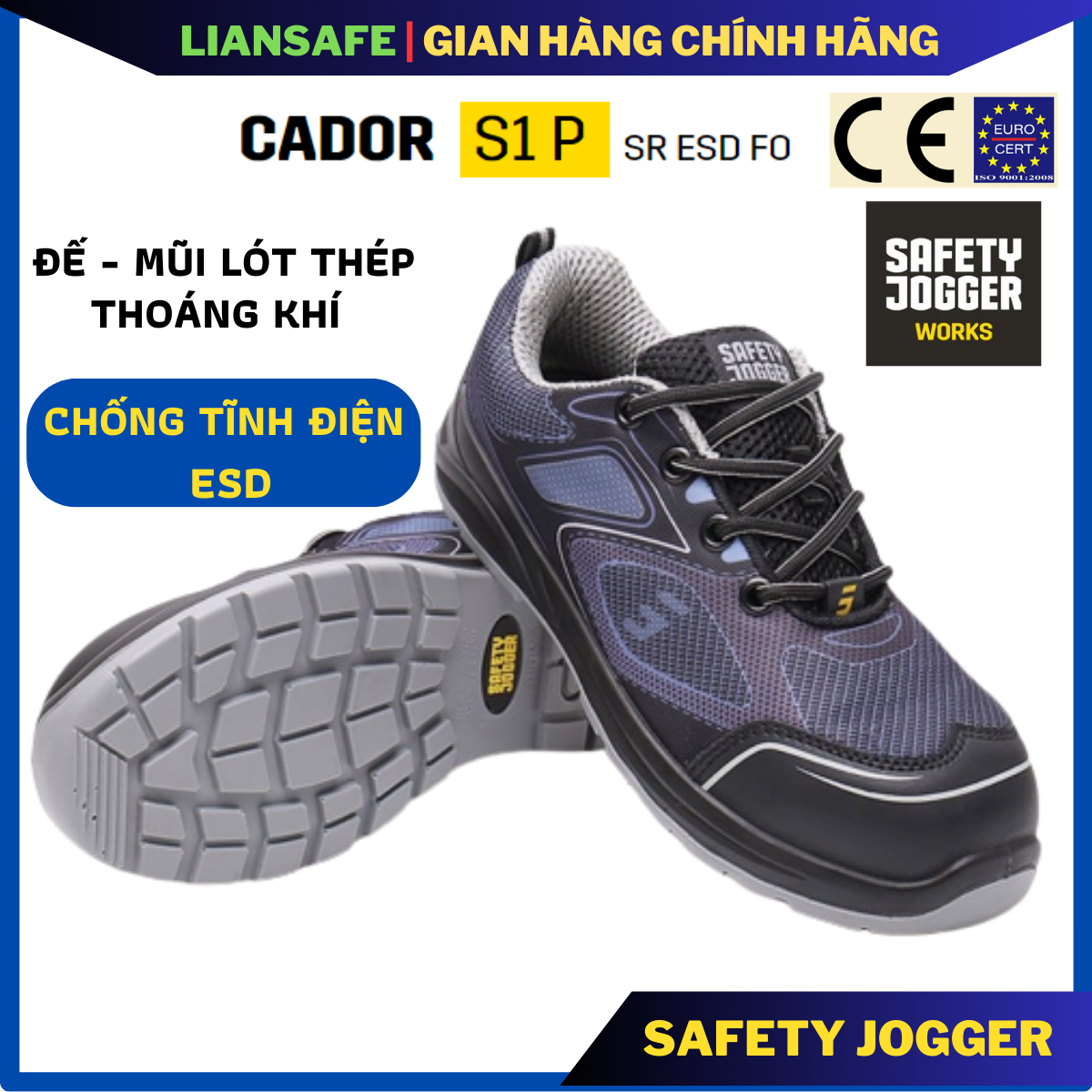 Giày bảo hộ lao động nam thời trang Safety Jogger Cador dáng thể thao mũi sắt thép chống đinh đi công trình, cơ khí, vải lưới cao cấp thoáng khí, chống trơn trượt