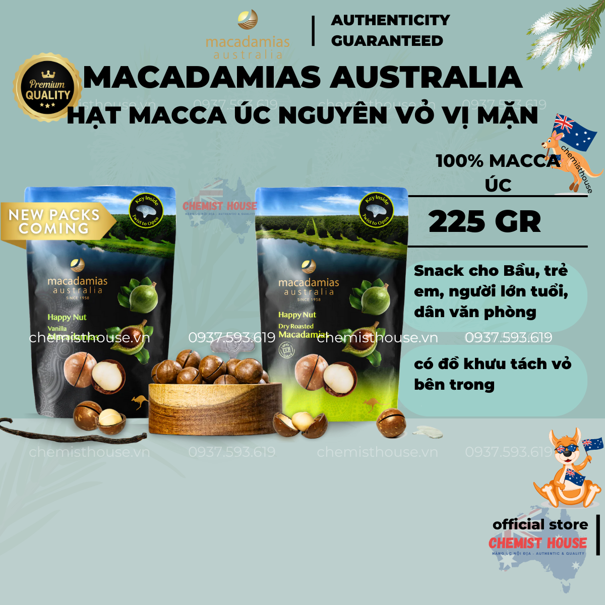 Hạt macca Úc nguyên vỏ kèm đồ tách vỏ vị vanilla - Macadamias Australia Happy Nut Vanilla 225g - trẻ em ăn vặt snack