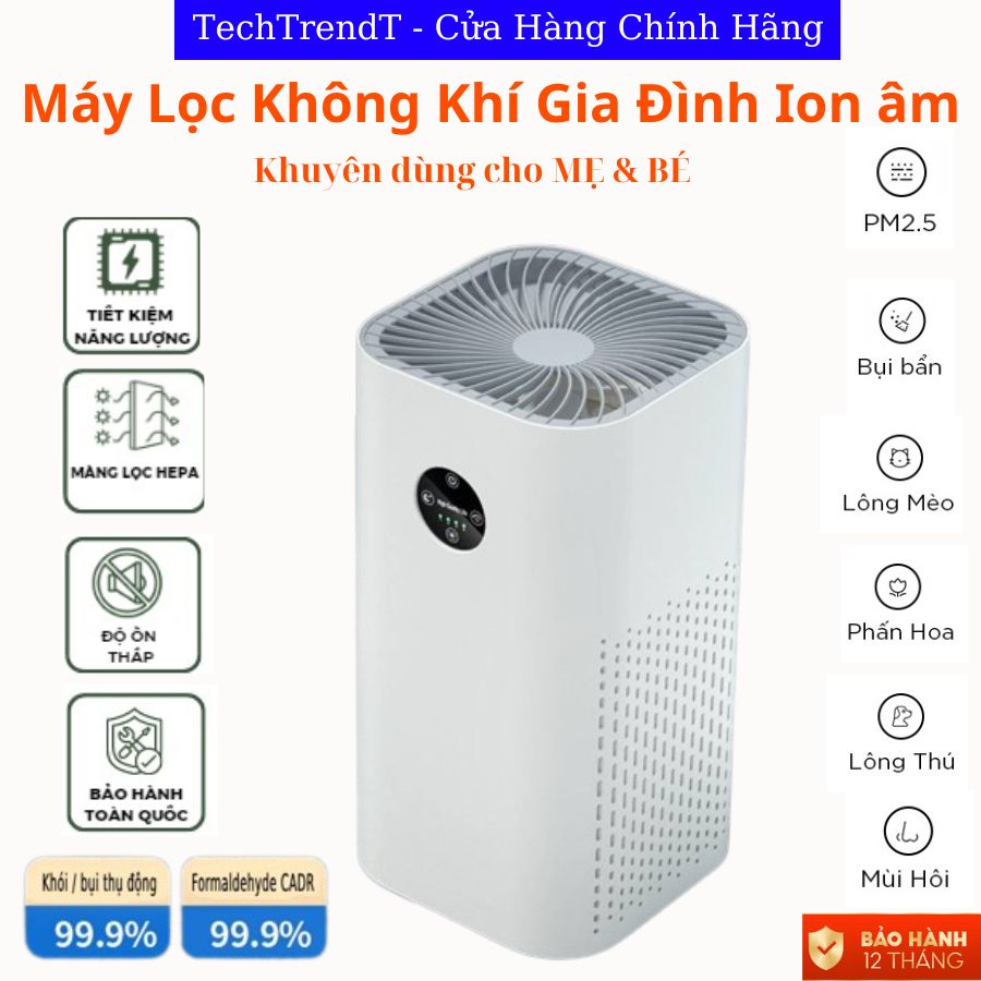 Máy lọc không khí Ion âm thanh lọc kháng khuẩn 9999 bằng bộ lọc HEPA12. Máy lọc trong phòng cung cấp Ion âm 3 màng lọc