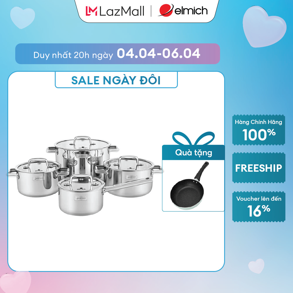 (Duy nhất 20h ngày 03.04-06.04)Bộ nồi inox liền khối Elmich Trimax ECO EL-8005 size 18, 20, 26, quánh 16cm