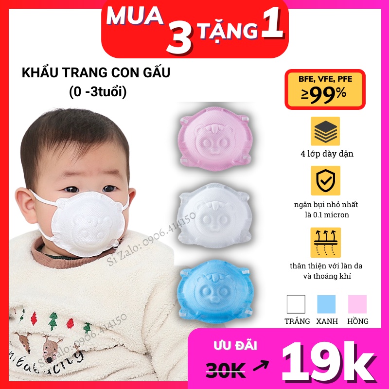 Khẩu trang gấu bé sơ sinh [Hộp 10cái] khẩu trang em bé hình gấu 3D cho trẻ 0-3 tuổi