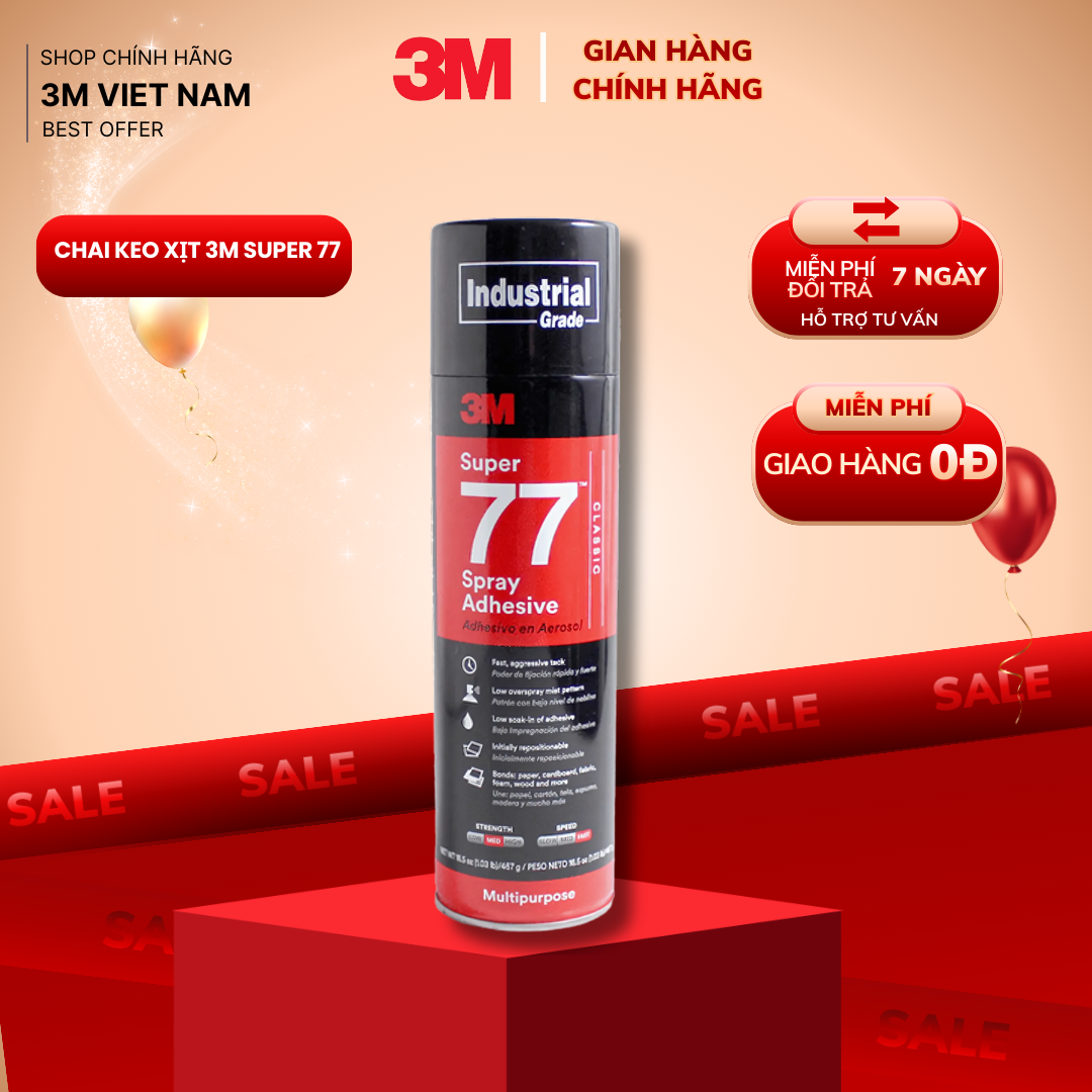Keo Xịt Đa Năng siêu dính, thẩm mỹ  3M™ Super 77™ - 375g - Ứng dụng dán cho Giấy, Nylon, xốp,...
