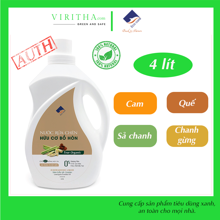 Nước rửa chén hữu cơ Bồ hòn Ecocare 4 mùi chai 4L tiết kiệm