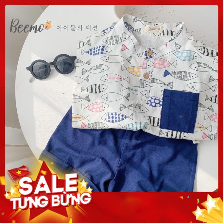 Thời trang beemo cho bé - set bộ sơ mi hình cá cho bé