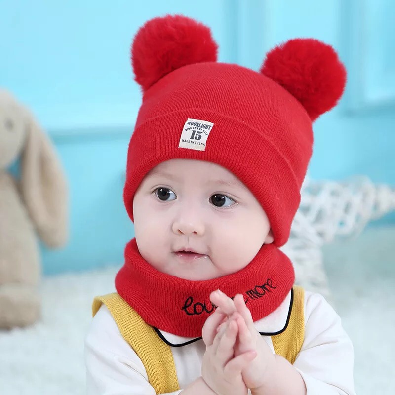 Mũ len kèm khăn 2 quả bông cho bé