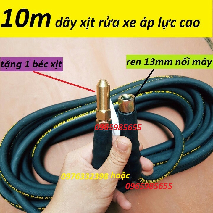 10m Dây xịt rửa tặng kèm béc đồng, dây rửa xe lõi thép áp lực cao cấp cho máy rửa xe cao áp, máy xịt rửa (Ren 13mm)