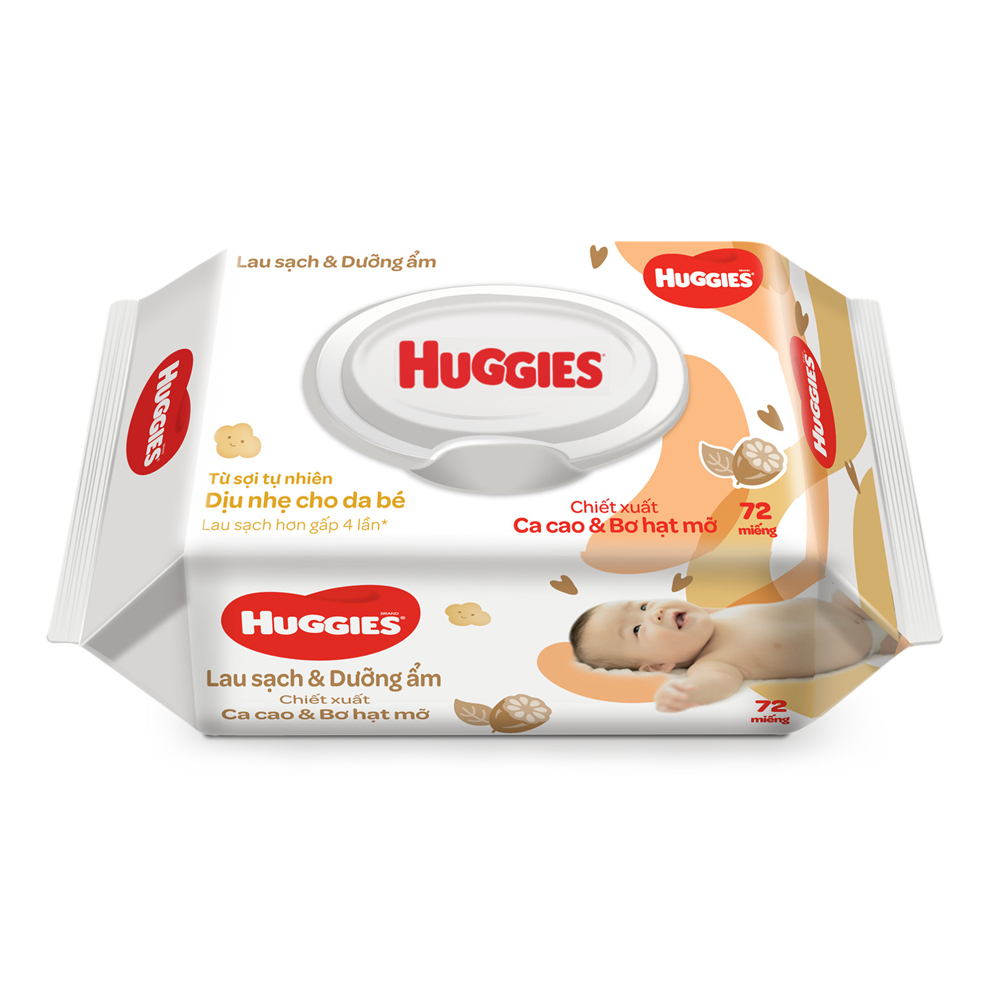 Khăn ướt Huggies chiết xuất Ca cao và Bơ hạt mỡ gói 72 miếng