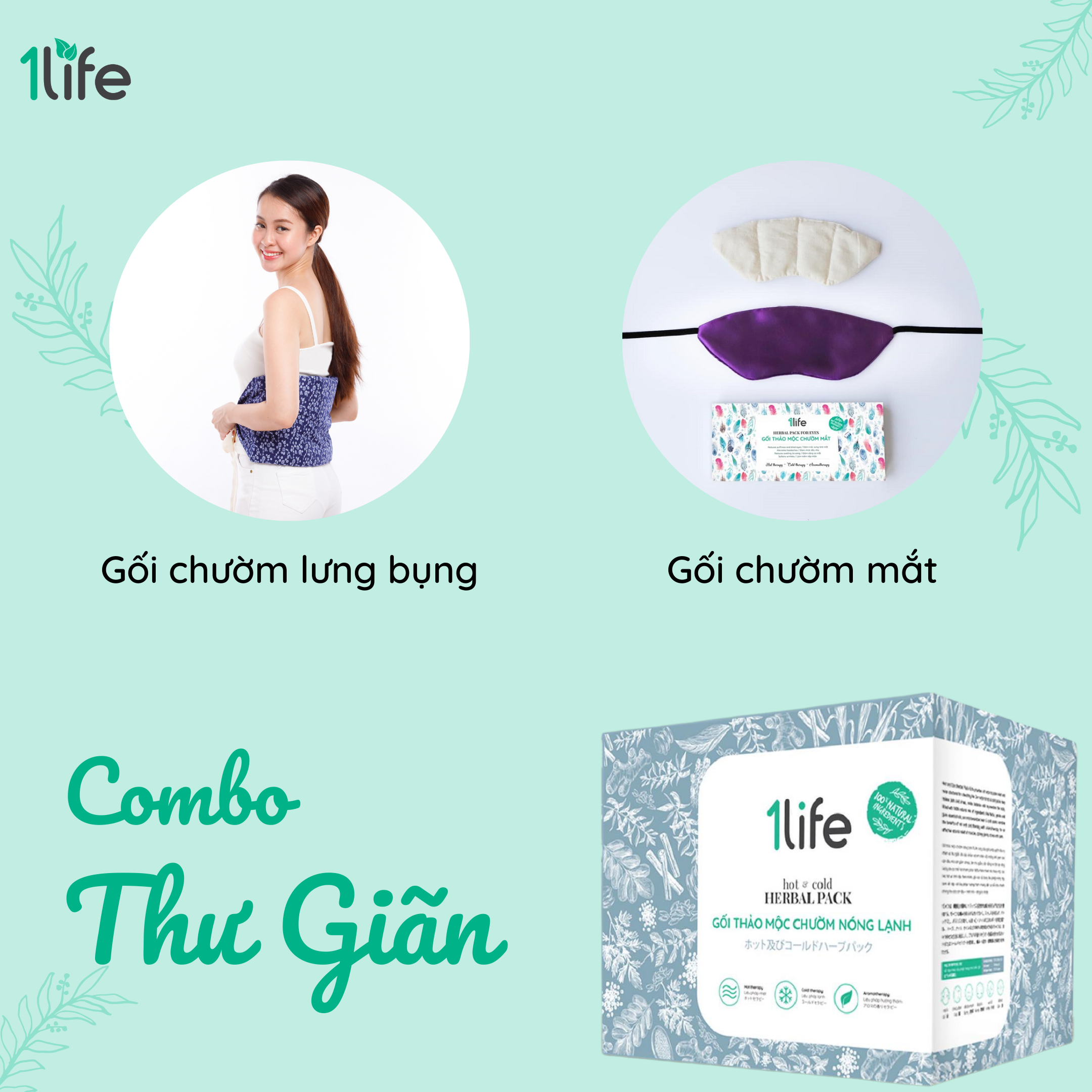 [follow1life] combo thư giãn (gối chườm lưng bụng và túi thảo mộc chườm mắt)