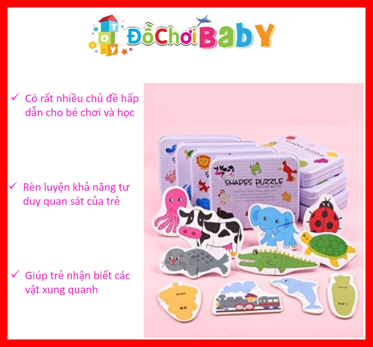 Đồ chơi gỗ ghép Puzzle 2 mảnh -Ghép Hình 2 Mảnh Hộp Sắt Nhiều Chủ Đề Cho Bé, Đồ chơi xếp hình đơn giản