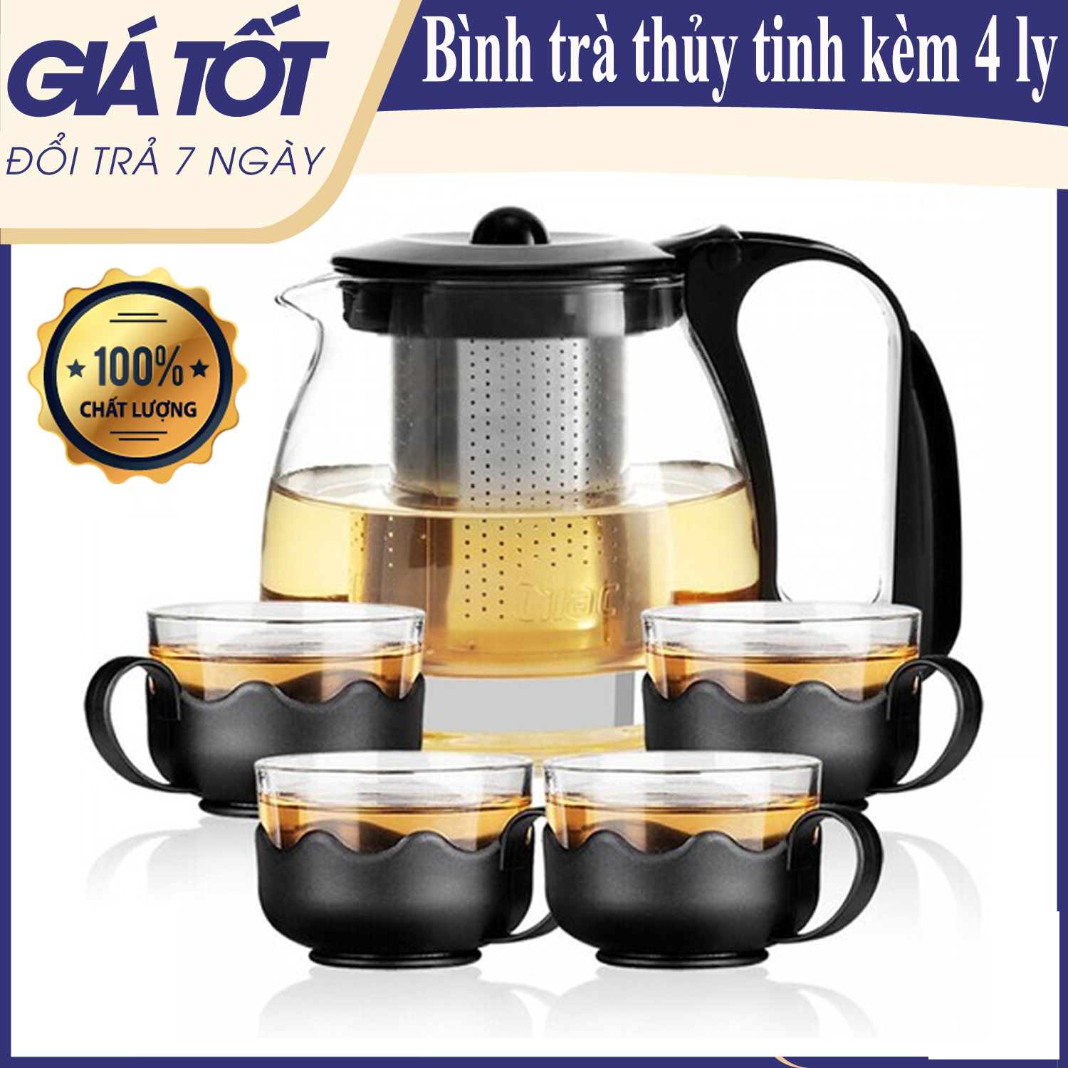 Bình Lọc Trà Thủy Tinh Tặng Kèm 4 Ly 700ml Sang Trọng - CÓ LỖi LỌC TRÀ INOX - BÌNH PHA TRÀ , CAFE TIỆN LỢI 2in1 - Bình trà 1.3L (Chọn phân loại)