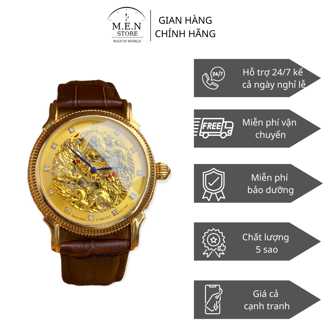 đồng hồ nam cơ automatic song long hỗ trợ lên cot tay dây da mềm