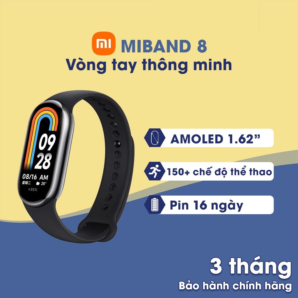 Miband 8 Quốc Tế - Vòng Đeo Tay Thông Minh Xiaomi Mi Band 8 Quốc Tế Full Tiếng Việt - Màn Hình AMOLED 1.62'' - 150 Chế Độ Tập Luyện Thể Thao - Vòng Tay Theo Dõi Sức Khỏe Miband 8