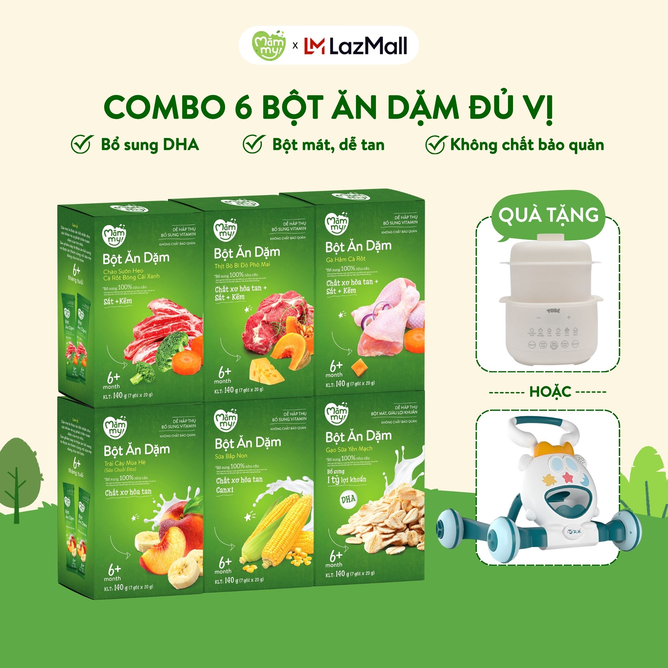 Combo 6 hộp bột ăn dặm Mămmy đầy đủ cho bé gồm bột sữa yến mạch, sữa bắp non, trái cây mùa hè, cháo