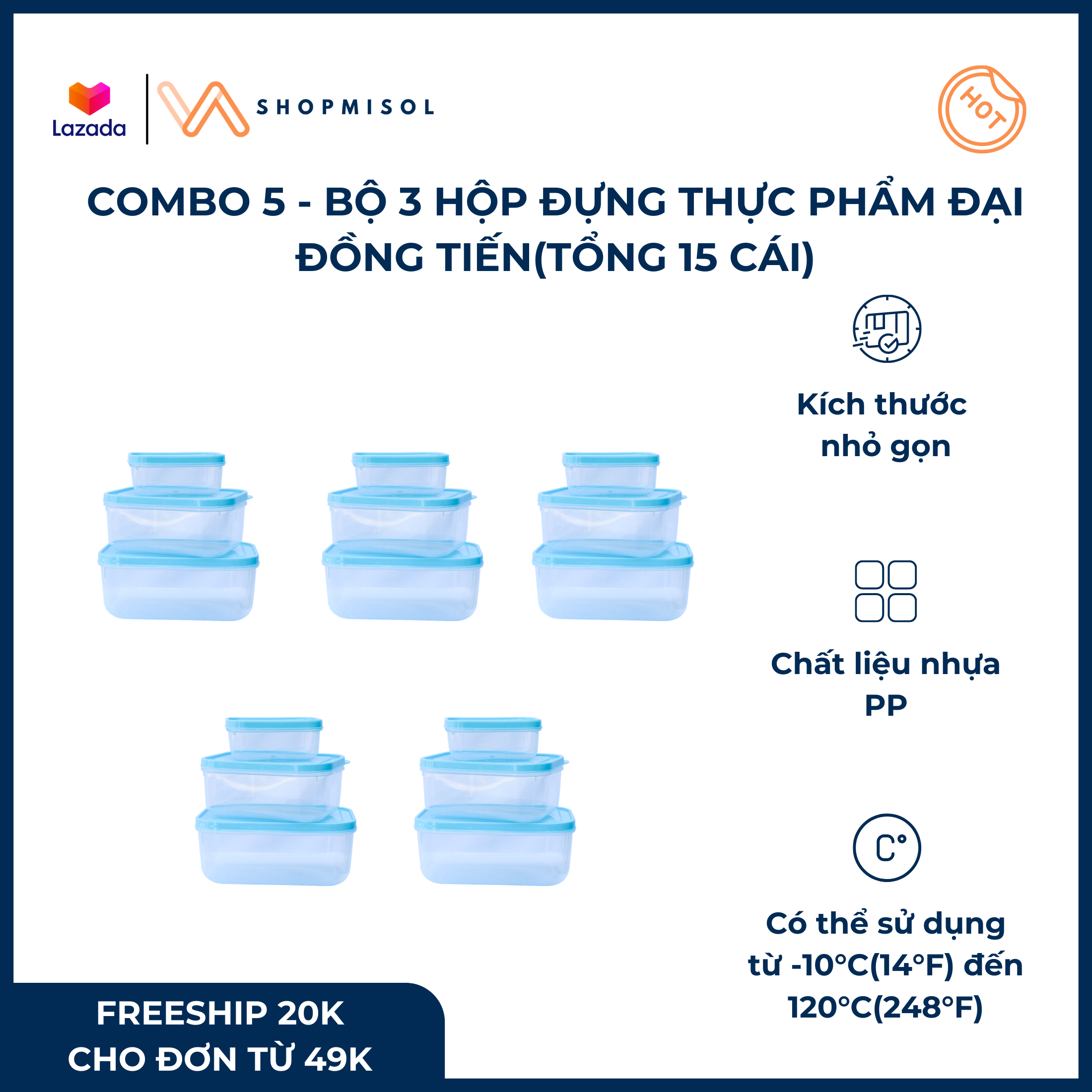 COMBO 5 - Hộp đựng thực phẩm hộp đựng có nắp hộp đựng thực phẩm nhựa - Tổng 15 cái có nắp màu xanh pastel chất liệu nhựa PP cao cấp dùng để đựng thực phẩm