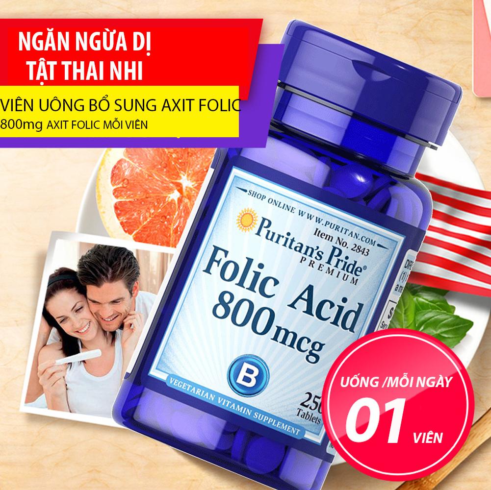Viên uống ngăn ngừa thiếu máu phù hợp cho phụ nữ có thai Vitamin Mỹ Puritan's Pride Folic Acid 400 mcg 250 viên