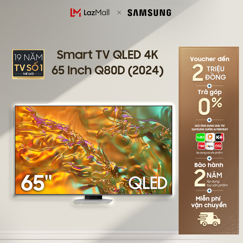 Smart Tivi Samsung 65 Inch QLED Q80D QA65Q80DAKXXV 4K Tizen OS (2024)- Hàng Chính Hãng - Phân Phối Bởi Lazada - MIỄN PHÍ VẬN CHUYỂN TOÀN QUỐC
