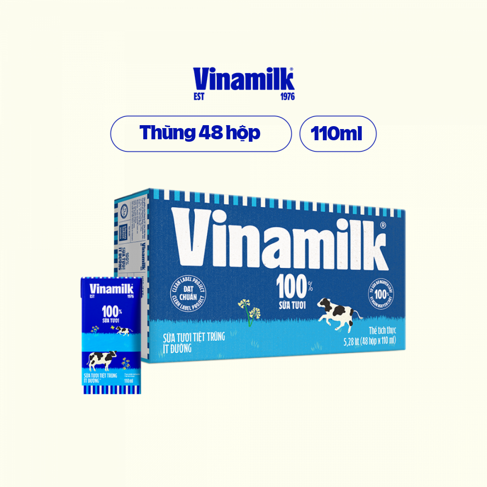 Thùng 48 sữa tươi tiệt trùng Vinamilk 100 ít đường 110ml