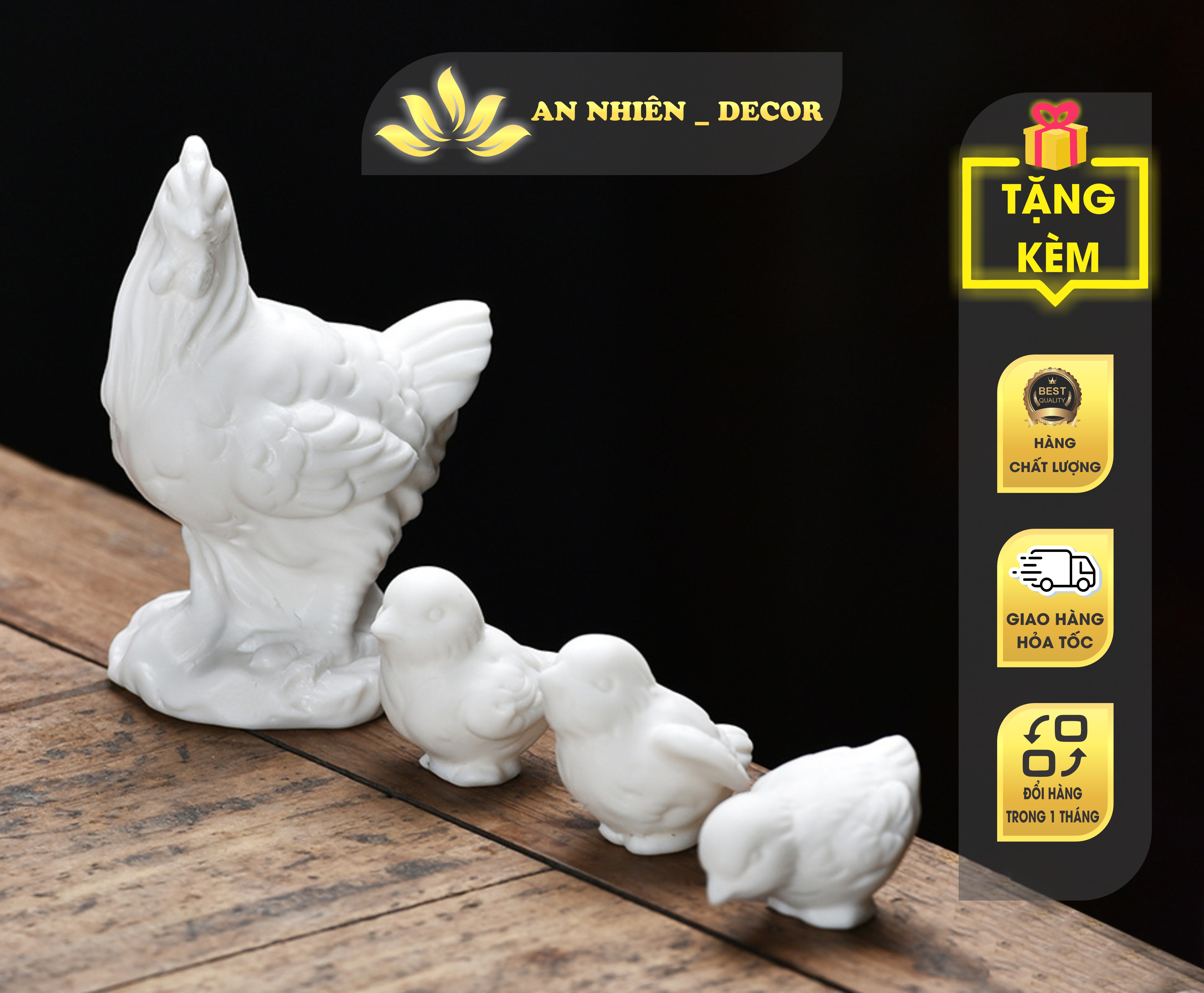Tượng gia đình gà chất liệu gốm sứ trắng - tượng gốm trang trí, gốm sứ sần trắng cao cấp