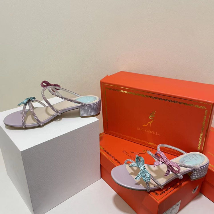 2023 New Rene CaovillaˉBow rhinestone sandals with thick heels and open toes