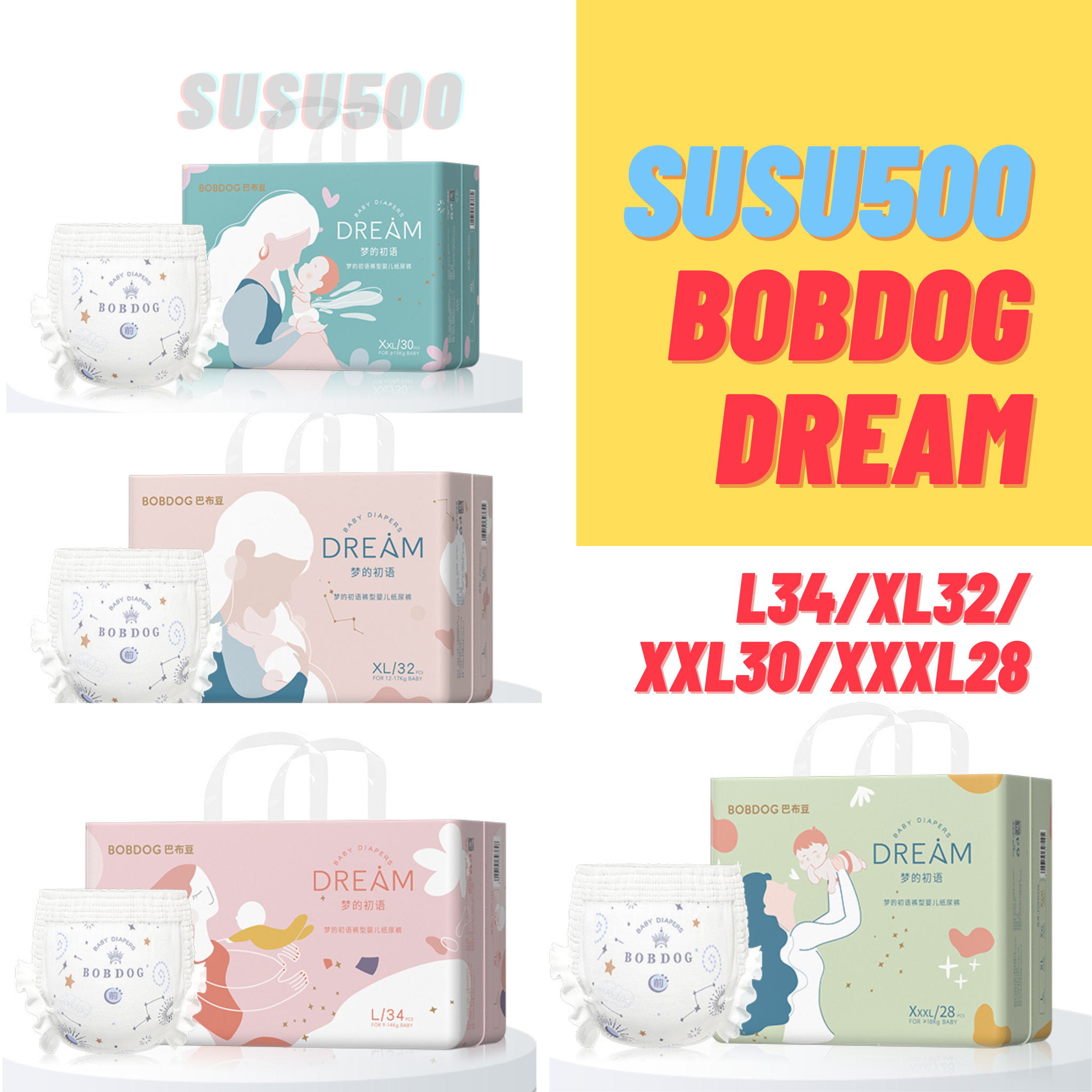 Tã/bỉm quần bobdog dream siêu cao cấp size l34/xl32/xxl30/xxxl28