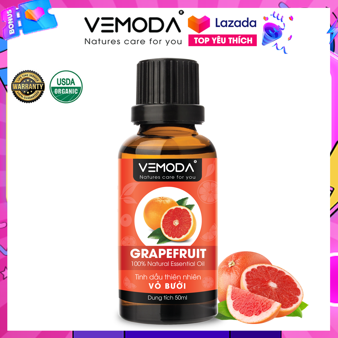 Tinh dầu Bưởi HG cao cấp Vemoda 50ML | Grapefruit Essential Oil. Tinh dầu xông phòng. Tinh dầu thơm phòng mùi hương vỏ Bưởi giúp khử mùi, thư giãn, thanh lọc không khí. Kích thích mọc tóc, thành phần cho serum kích thích mọc tóc