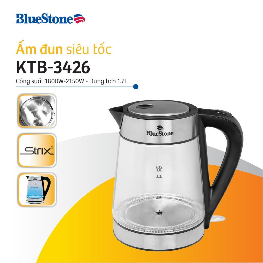 Ấm đun siêu tốc bluestone 1.7 lít ktb-3426 , công suất 2150w , bình thủy tinh cao cấp , bảo hành chính hãng 2 năm