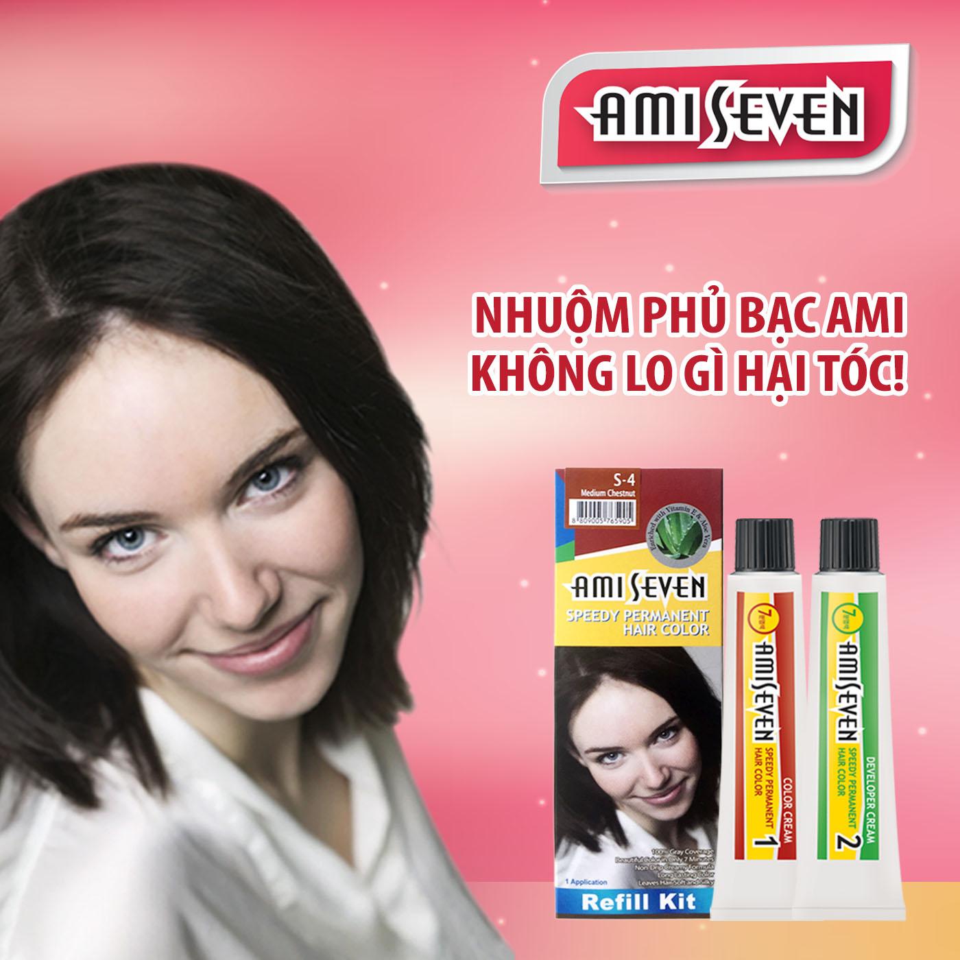 Nhuộm phủ bạc dược thảo Ami Seven Speedy Permanent Hair Color (60g/60g) nhanh 7 phút - loại tiết kiệm - Hàn Quốc- màu S4 - Nâu hạt dẻ