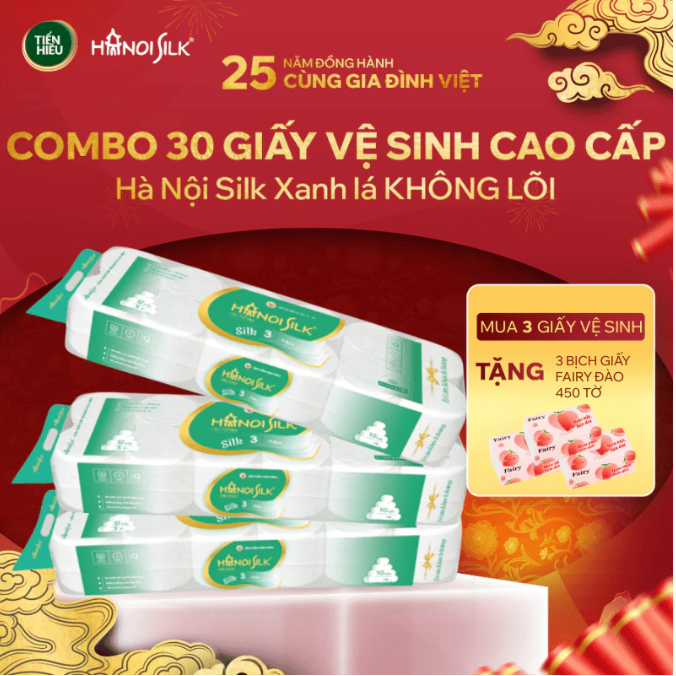 Combo Giấy Vệ Sinh Hà Nội Silk Xanh Lá/Tím 3 Lớp Không Lõi/Có Lõi Mềm Mịn Tan Nhanh, Tặng 2 Bịch Giấy Ăn Rút Đào 450 Tờ
