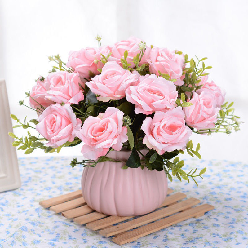 Hoa Giả- Cụm Hoa Hồng Giả 9 Bông 45cm Decor Nhà Cửa Siêu Xinh
