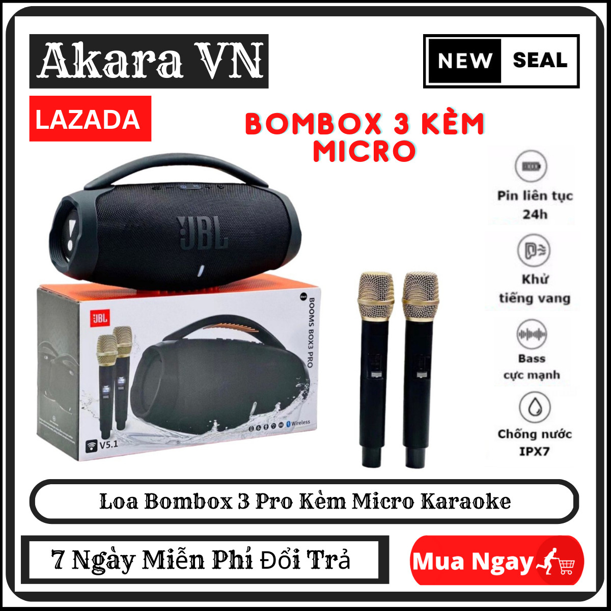 Loa Di Động Bombox 3 Pro Karaoke (100W) , Loa Bluetooth JBL Bombox 3 Pro , Karaoke Bass Mạnh Mẽ Tặng kèm 2 Micro Loa Karaoke Công Suất Cực Lớn
