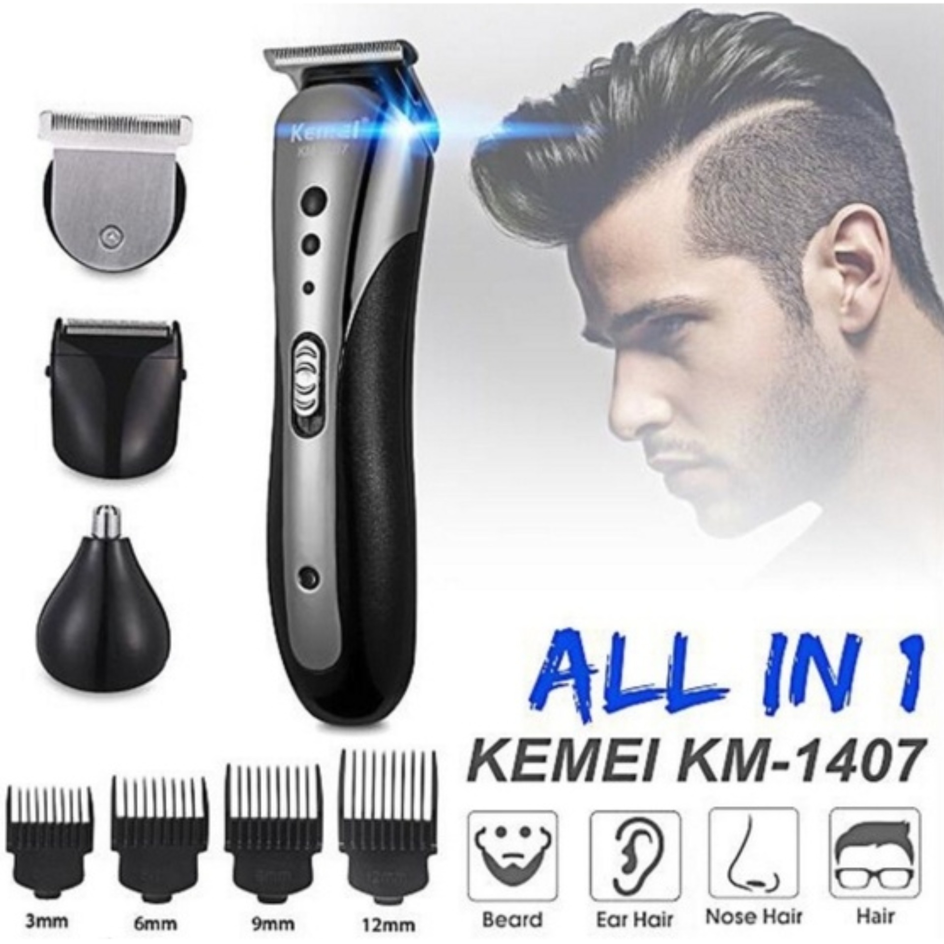[Full Box- BH 12 Tháng] Tông Đơ Cắt Tóc Người Chuyên Nghiệp KEMEI KM-1407 3IN1- Thép Kết Cấu Không Gỉ- Tích Hợp Lưỡi Cạo Râu, Đầu Đường Cắt Mũi- Pin Sử Dụng 5 Giờ, Tăng Đơ Cắt Tóc, Create Style. BH 12 Tháng, Lỗi Đổi Mới.