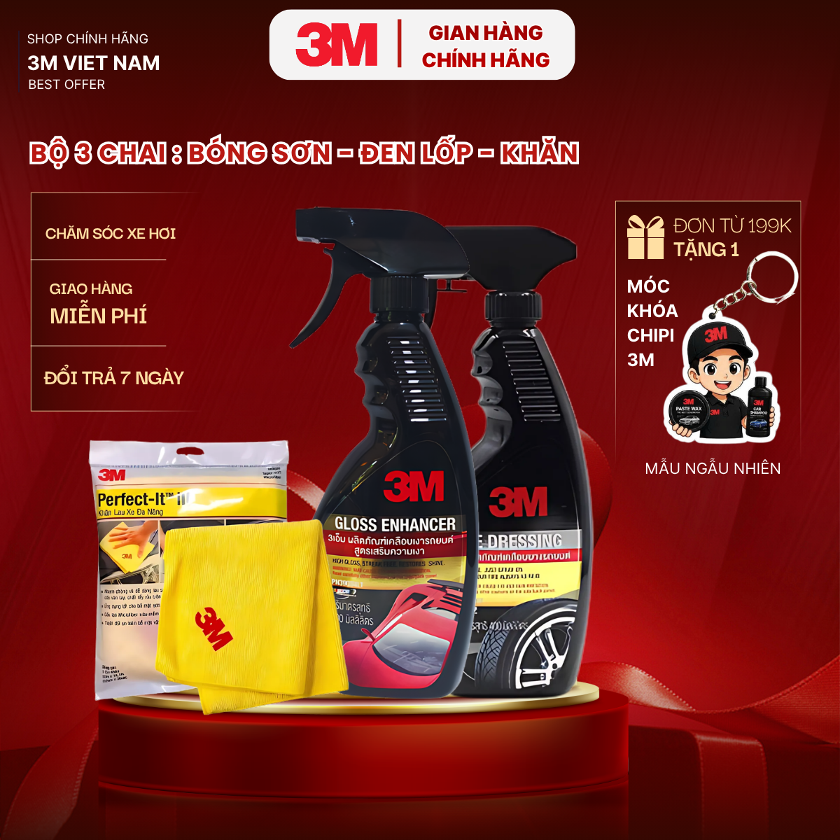 Combo Chai xịt bảo dưỡng lốp+ Chai xịt tăng độ bóng sơn+Khăn lau xe hơi chuyên dụng 3M 50400