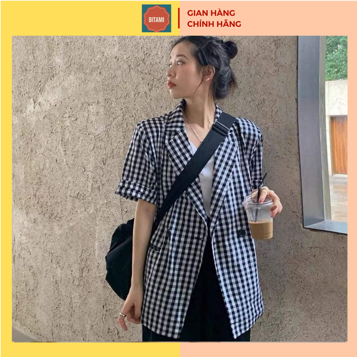Áo BLAZER nữ TAY NGẮN túi nắp, áo vest khoác ngoài họa tiết caro, áo vest 1 lớp style Hàn Quốc, Bitami