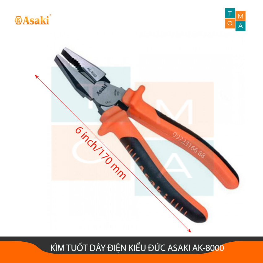 Kìm tuốt dây điện kiểu đức asaki ak-8000 6 inch/170 mm, kìm cắt dây điện asaki, kìm điện cách điện 6 inch