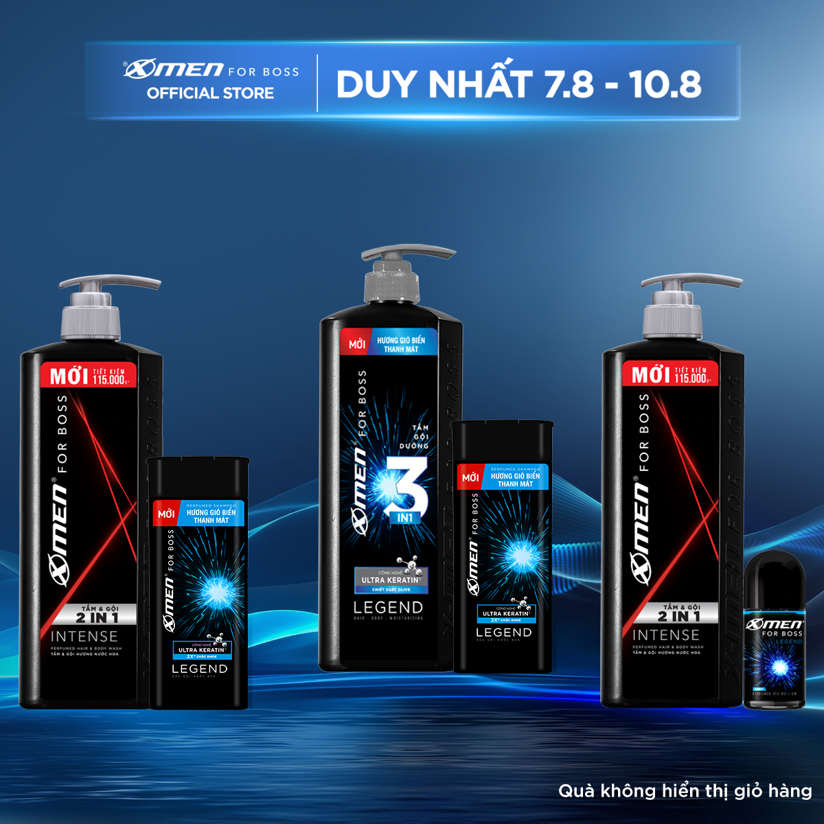 Combo Xmen for Boss Tắm Gội 2in1 Intense 850g/ Tắm gội dưỡng 3in1 Legend 830g + Dầu gội Legend 150g/Lăn Legend 40ml
