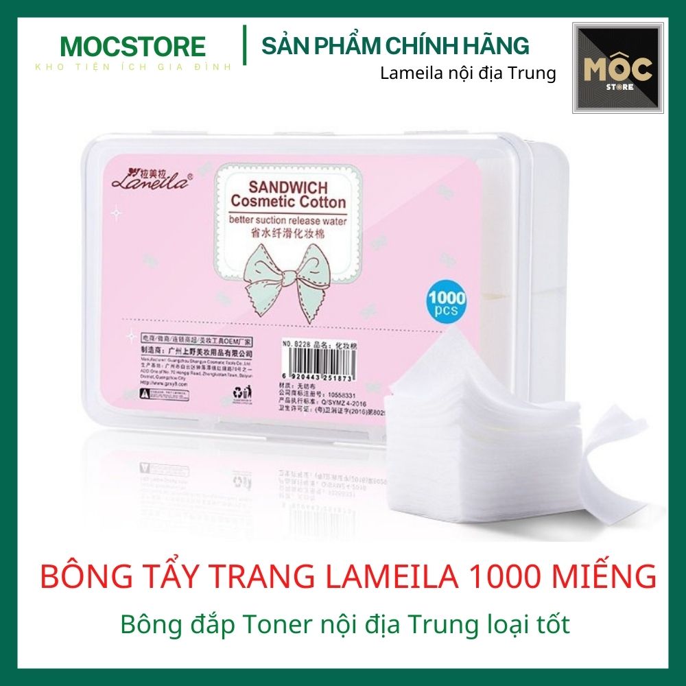 Bông tẩy trang Lameila chính hãng 1000 miếng loại mỏng siêu dai vuông to không tốn nước giữ ẩm đắp toner hàng nội địa Trung cao cấp giá rẻ không để lại sợi bông trên da, nature care vn