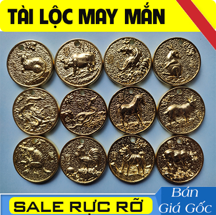 [Tết] 1 Đồng Xu Con Giáp Phong Thủy bằng đồng nguyên chất phun sơn vàng kim làm mặt dây chuyền, móc khóa