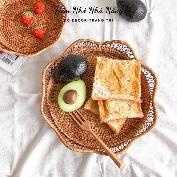 Đĩa mây viền hoa decor, rổ mây tre đan đựng hoa quả, đồ khô trang trí nhà bếp, phòng khách