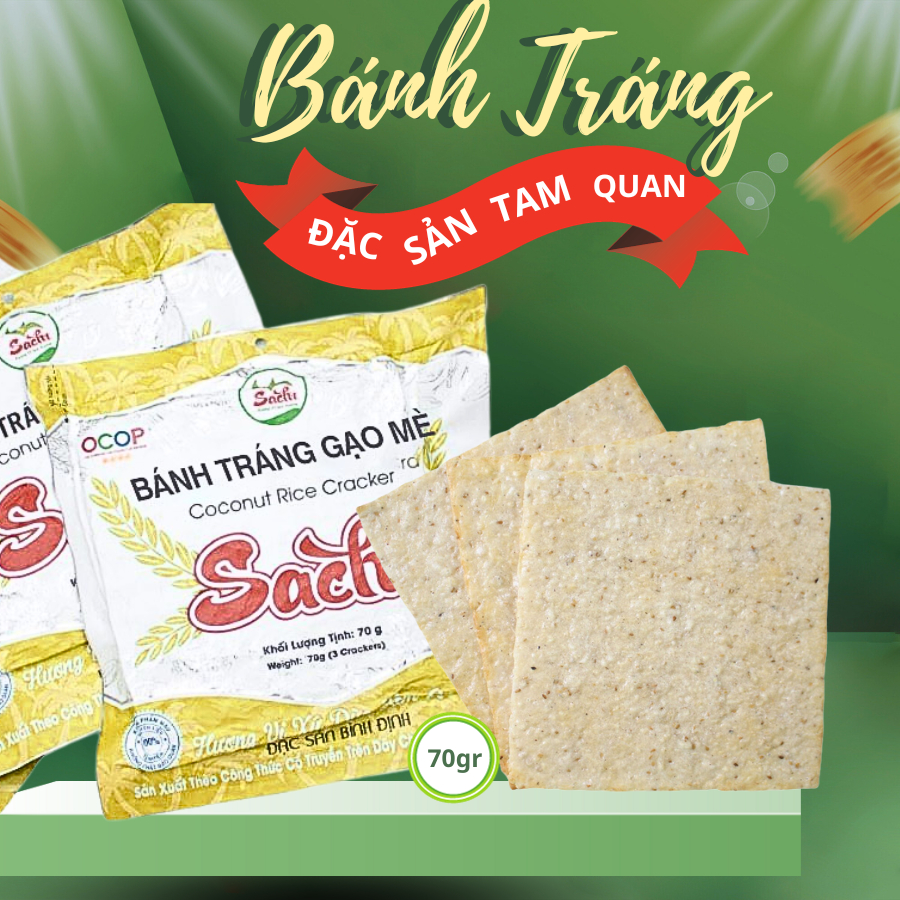 Bánh tráng nướng gạo mè Sachi 70gr, bánh tráng gạo mè, bánh tráng nướng đặc sản Bình Định giòn xốp ăn liền