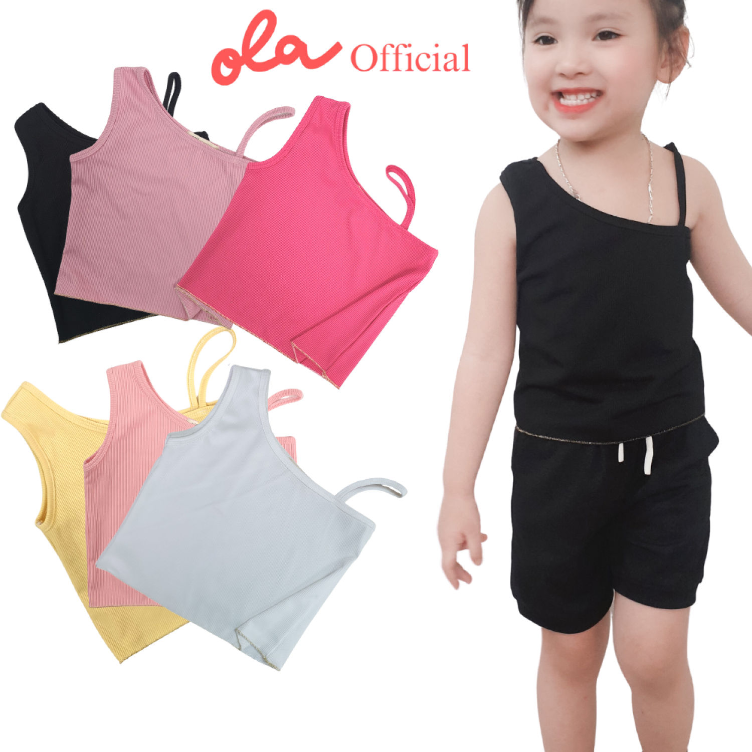 Áo Croptop cho bé gái trơn lệch vai thun tăm chất lượng cao, áo thun tăm bé gái Ola_official