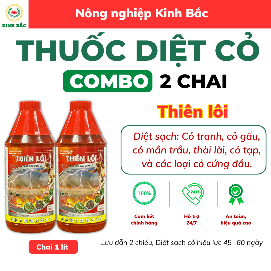 2 chai Thuốc trừ Cỏ Thiên Lôi chính hãng Kinh Bắc, chai 1 lít Newfosinate 150SL