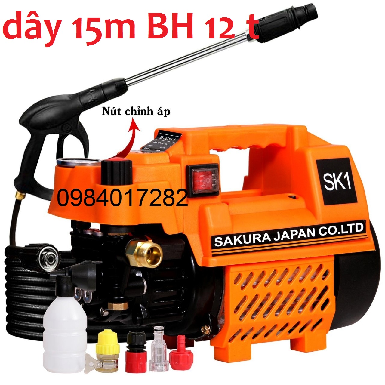 Máy Rửa Xe Chỉnh Áp SAKURA. Japan SK1. Công Suất 2400W. Có chỉnh áp trên thân máy. Máy xịt rửa xe.công nghệ mới nhất hiện nay