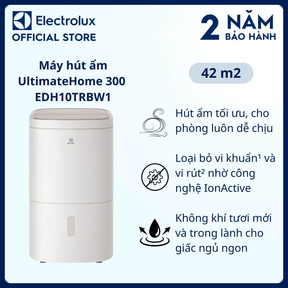 Máy hút ẩm Electrolux UltimateHome 300 20L EDH10TRBW1 cho phòng 42m2,Hút ẩm tối ưu, Loại bỏ vi khuẩn1 và vi rút2