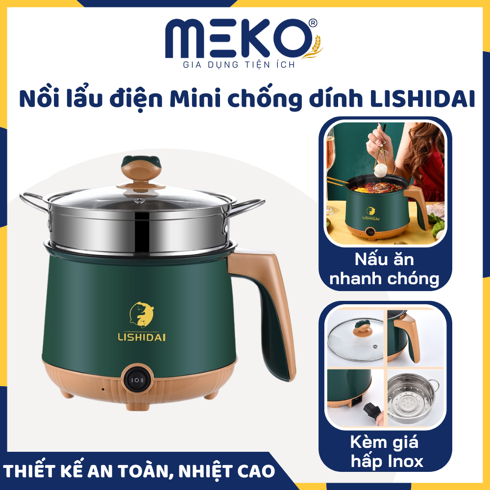 Nồi lẩu điện đa năng chống dính mini Lishidai 18cm kèm xửng hấp Inox - Nồi điện đa năng, nồi hấp, nồi lẩu đa năng, nồi điện mini